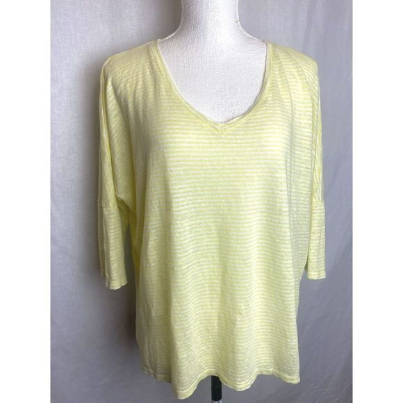 Chicos Womens Yellow Striped Linen Drop Shoulder Tunic Top Size 2 Large - Picture 2 of 10